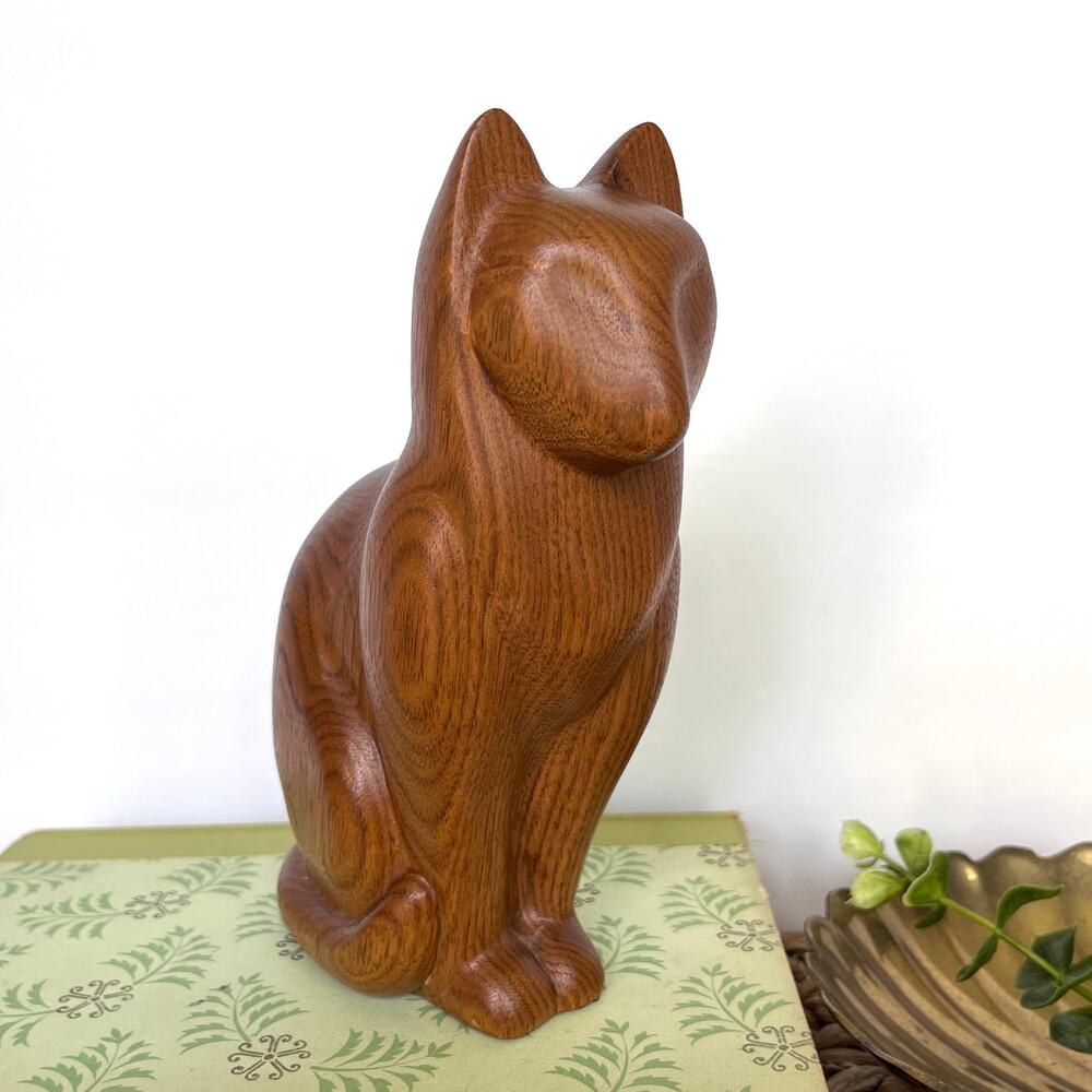 Vintage Hand Carved Minimalist Cat Figurine Wooden Sculpture Kitty Modern 7" H